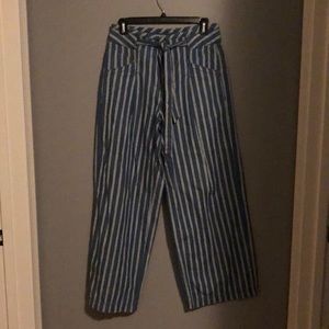 blue and white pinstripe paints with tye